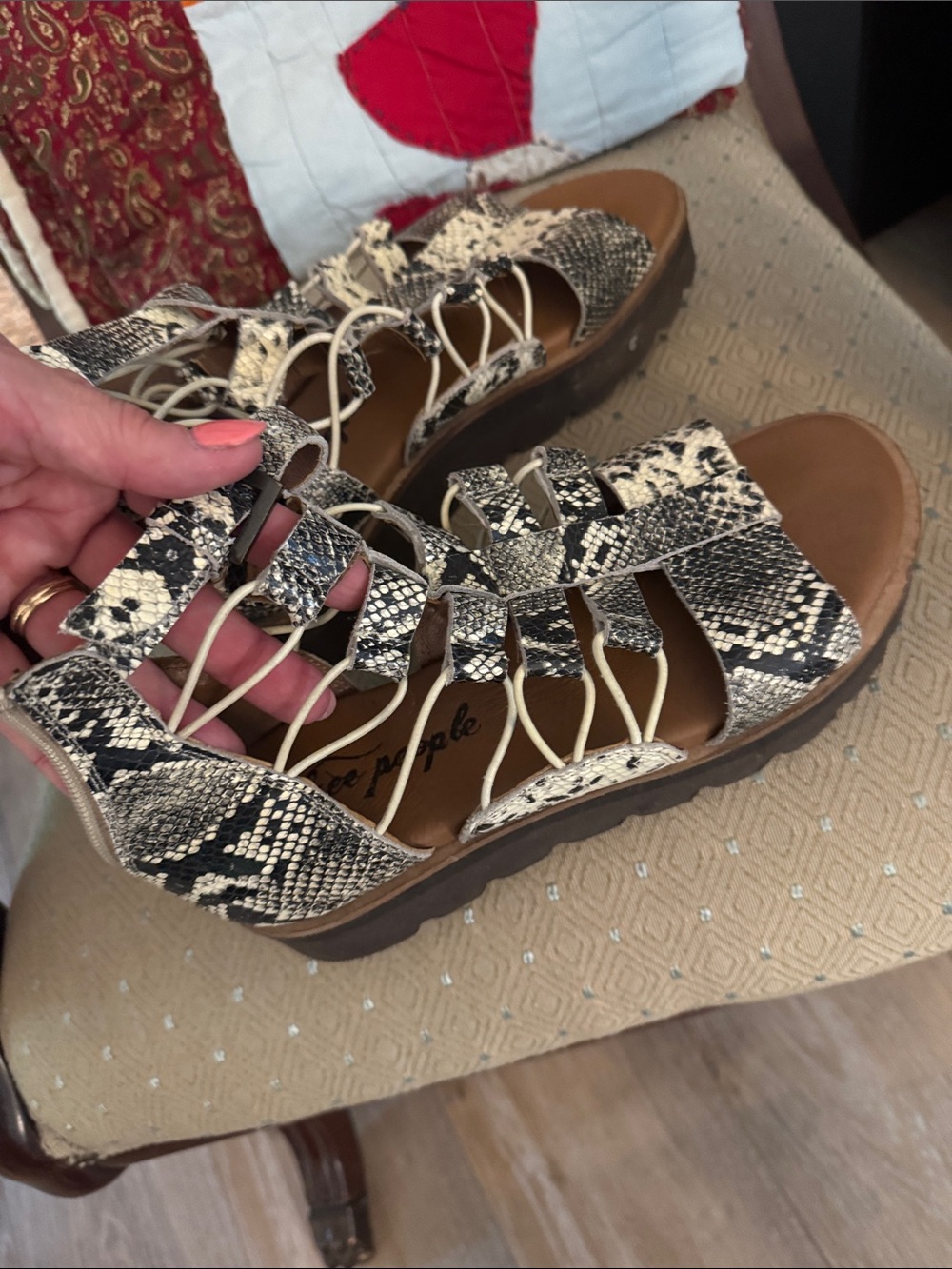 Free People Snake-Print Lace-Up Sandals - Black & Cream